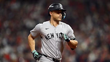 Oct 18, 2024; Cleveland, Ohio, USA; New York Yankees designated hitter Giancarlo Stanton (27) runs after hitting a three run home run in the sixth inning against the Cleveland Guardians during game four of the ALCS for the 2024 MLB playoffs at Progressive Field. Mandatory Credit: Ken Blaze-Imagn Images