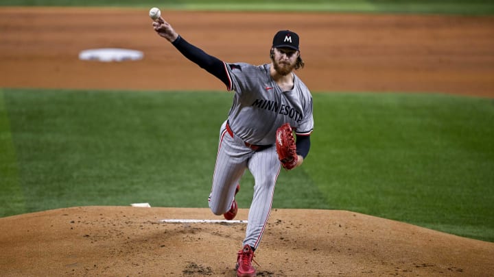 Aug 15, 2024; Arlington, Texas, USA; Minnesota Twins starting pitcher Bailey Ober (17) pitches against the Texas Rangers during the first inning at Globe Life Field.