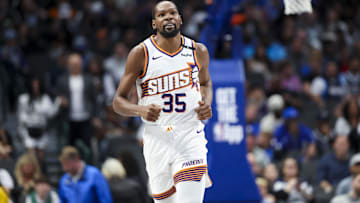 Nov 8, 2024; Dallas, Texas, USA;  Phoenix Suns forward Kevin Durant (35) reacts during the third quarter against the Dallas Mavericks at American Airlines Center. Mandatory Credit: Kevin Jairaj-Imagn Images