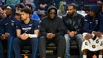 Dec 12, 2025; San Francisco, California, USA; Minnesota Timberwolves guard Anthony Edwards (5) watches the game in street clothes on the bench during the second quarter of the game against the Golden State Warriors at Chase Center. Mandatory Credit: Robert Edwards-Imagn Images