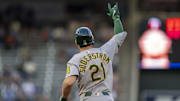 Aug 20, 2025; Minneapolis, Minnesota, USA; Athletics left fielder Tyler Soderstrom (21) celebrates hitting a solo home run against the Minnesota Twins in the fourth inning at Target Field. Mandatory Credit: Jesse Johnson-Imagn Images