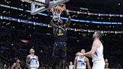 Nov 18, 2025; Los Angeles, California, USA: Los Angeles Lakers center Deandre Ayton (5) dunks the ball against the Utah Jazz in the second quarter at Crypto.com Arena. Mandatory Credit: Kirby Lee-Imagn Images