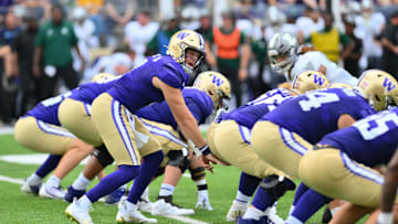 Sep 7, 2024; Seattle, Washington, USA; Washington Huskies quarterback Will Rogers (7) during the first half against the Eastern Michigan Eagles at Alaska Airlines Field at Husky Stadium. Mandatory Credit: Steven Bisig-Imagn Images