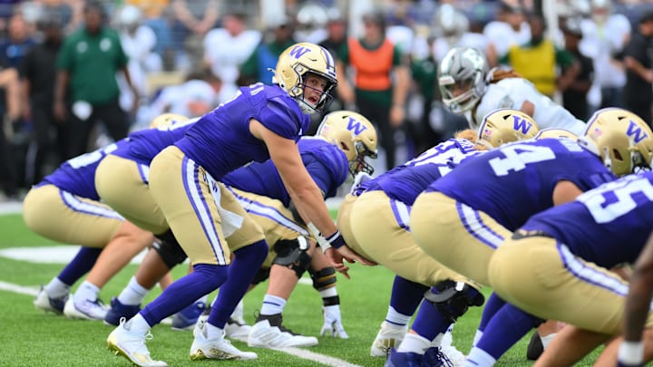 Sep 7, 2024; Seattle, Washington, USA; Washington Huskies quarterback Will Rogers (7) during the first half against the Eastern Michigan Eagles at Alaska Airlines Field at Husky Stadium. Mandatory Credit: Steven Bisig-Imagn Images