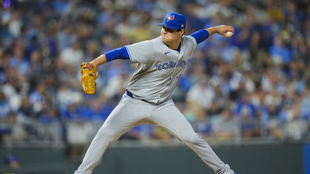 Sep 19, 2025; Kansas City, Missouri, USA; Toronto Blue Jays pitcher Brendon Little (54) pitches during the sixth inning against the Kansas City Royals at Kauffman Stadium. Mandatory Credit: Jay Biggerstaff-Imagn Images