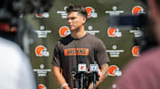 May 10, 2025; Berea, OH, USA; Cleveland Browns quarterback Dillon Gabriel (5) talks to the media during rookie minicamp at CrossCountry Mortgage Campus. Mandatory Credit: Ken Blaze-Imagn Images