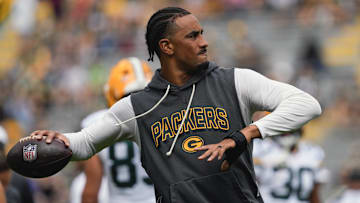 Aug 23, 2025; Green Bay, Wisconsin, USA;  Green Bay Packers quarterback Jordan Love (10) throws a pass during warmups prior to the game against the Seattle Seahawks at Lambeau Field. Mandatory Credit: Jeff Hanisch-Imagn Images