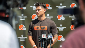 May 10, 2025; Berea, OH, USA; Cleveland Browns quarterback Dillon Gabriel (5) talks to the media during rookie minicamp at CrossCountry Mortgage Campus. Mandatory Credit: Ken Blaze-Imagn Images