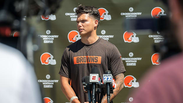 May 10, 2025; Berea, OH, USA; Cleveland Browns quarterback Dillon Gabriel (5) talks to the media during rookie minicamp at Cr