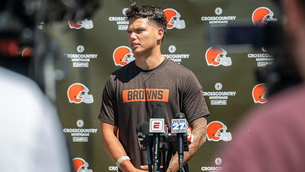May 10, 2025; Berea, OH, USA; Cleveland Browns quarterback Dillon Gabriel (5) talks to the media during rookie minicamp at Cr