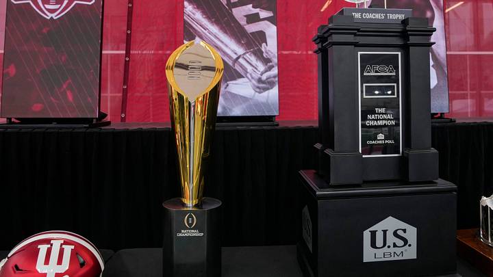 Jan 24, 2026; Bloomington, IN, USA; A general view of the National Championship trophy and the Coaches Trophy Saturday, Jan. 24, 2026, during the Indiana Football College Football Playoff National Championship celebration and parade at Memorial Stadium. Mandatory Credit: Grace Hollars-USA TODAY Network via Imagn Images