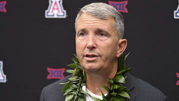 Jul 10, 2024; Las Vegas, NV, USA; Arizona Wildcats head coach Brent Brennan speaks to the media during the Big 12 Media Days at Allegiant Stadium