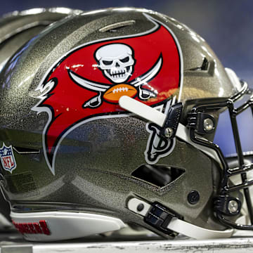 Oct 20, 2025; Detroit, Michigan, USA; The Tampa Bay Buccaneers helmet Mandatory Credit: David Reginek-Imagn Images