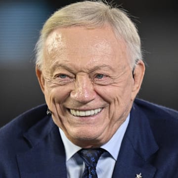 Dallas Cowboys owner Jerry Jones talks before the game against the Arizona Cardinals.