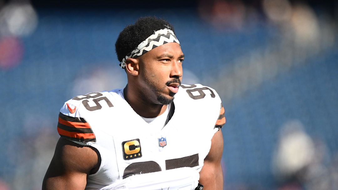 Oct 26, 2025; Foxborough, Massachusetts, USA;  Cleveland Browns defensive end Myles Garrett (95) looks on during warm up prior to the game against the New England Patriots at Gillette Stadium. Mandatory Credit: Brian Fluharty-Imagn Images