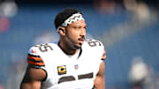 Oct 26, 2025; Foxborough, Massachusetts, USA;  Cleveland Browns defensive end Myles Garrett (95) looks on during warm up prior to the game against the New England Patriots at Gillette Stadium. Mandatory Credit: Brian Fluharty-Imagn Images