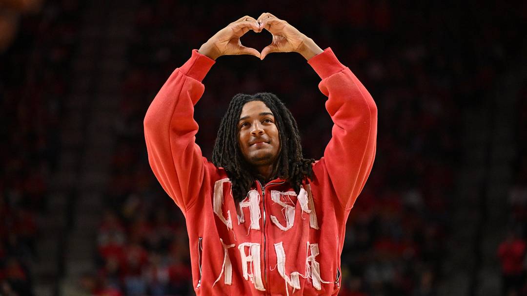 Dec 13, 2025; College Park, Maryland, USA; Maryland Terrapins quarterback Malik Washington announces his intention to return to the football program during a basketball game between Maryland and the Michigan Wolverines at Xfinity Center. Photo by Jamie Sabau 