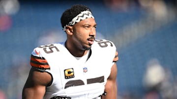 Oct 26, 2025; Foxborough, Massachusetts, USA;  Cleveland Browns defensive end Myles Garrett (95) looks on during warm up prior to the game against the New England Patriots at Gillette Stadium. Mandatory Credit: Brian Fluharty-Imagn Images