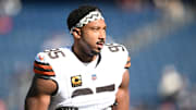 Oct 26, 2025; Foxborough, Massachusetts, USA;  Cleveland Browns defensive end Myles Garrett (95) looks on during warm up prior to the game against the New England Patriots at Gillette Stadium. Mandatory Credit: Brian Fluharty-Imagn Images