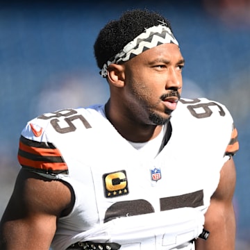 Oct 26, 2025; Foxborough, Massachusetts, USA;  Cleveland Browns defensive end Myles Garrett (95) looks on during warm up prior to the game against the New England Patriots at Gillette Stadium. Mandatory Credit: Brian Fluharty-Imagn Images