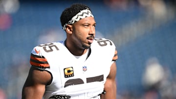 Oct 26, 2025; Foxborough, Massachusetts, USA;  Cleveland Browns defensive end Myles Garrett (95) looks on during warm up prior to the game against the New England Patriots at Gillette Stadium. Mandatory Credit: Brian Fluharty-Imagn Images