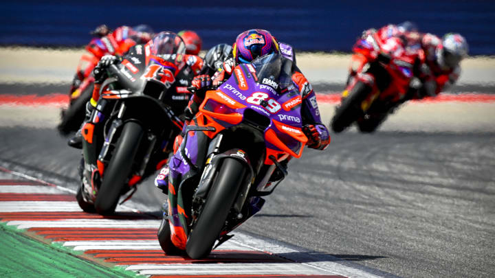 Apr 14, 2024; Austin, TX, USA; Jorge Martin (89) of Spain and Prima Pramac Racing and Maverick Vinales (12) of Spain and Aprilia Racing rides during the MotoGP Grand Prix of The Americas at Circuit of The Americas. Mandatory Credit: Jerome Miron-USA TODAY Sports