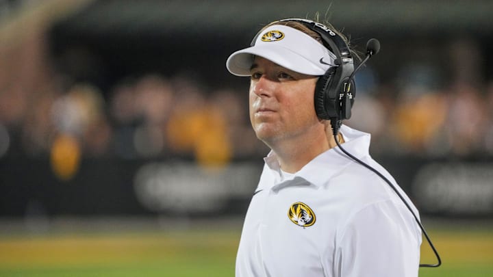 Aug 29, 2024; Columbia, Missouri, USA; Missouri Tigers head coach Eli Drinkwitz on the sidelines during a time out against the Murray State Racers during the first half at Faurot Field at Memorial Stadium. Mandatory Credit: Denny Medley-Imagn Images