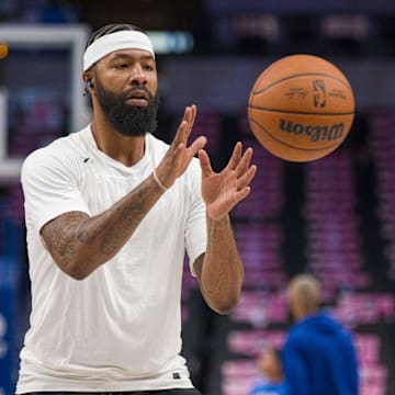 Oct 20, 2023; Dallas, Texas, USA; Dallas Mavericks forward Markieff Morris (88) warms up before the game between the Dallas Mavericks and the Detroit Pistons at the American Airlines Center. Mandatory Credit: Jerome Miron-Imagn Images