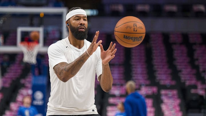 Oct 20, 2023; Dallas, Texas, USA; Dallas Mavericks forward Markieff Morris (88) warms up before the game between the Dallas Mavericks and the Detroit Pistons at the American Airlines Center. Mandatory Credit: Jerome Miron-Imagn Images