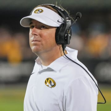 Aug 29, 2024; Columbia, Missouri, USA; Missouri Tigers head coach Eli Drinkwitz on the sidelines during a time out against the Murray State Racers during the first half at Faurot Field at Memorial Stadium. Mandatory Credit: Denny Medley-USA TODAY Sports