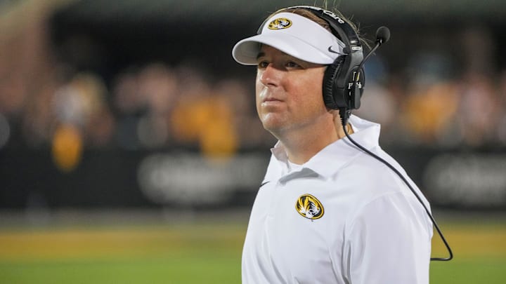 Aug 29, 2024; Columbia, Missouri, USA; Missouri Tigers head coach Eli Drinkwitz on the sidelines during a time out against the Murray State Racers during the first half at Faurot Field at Memorial Stadium. Mandatory Credit: Denny Medley-Imagn Images