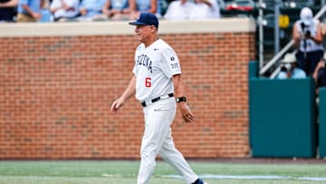 Jun 7, 2025; Chapel Hill, NC, USA; Arizona Head Coach Chip Hale walks out during the third inning of the Super Regionals game against North Carolina in Chapel Hill, North Carolina. Mandatory Credit: Jaylynn Nash-Imagn Images