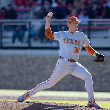 Texas pitcher Max Grubbs (38) throws a pitch in game two of the Big 12 baseball series against Texas Tech, Saturday, March 9, 2024, at Rip Griffin Park.