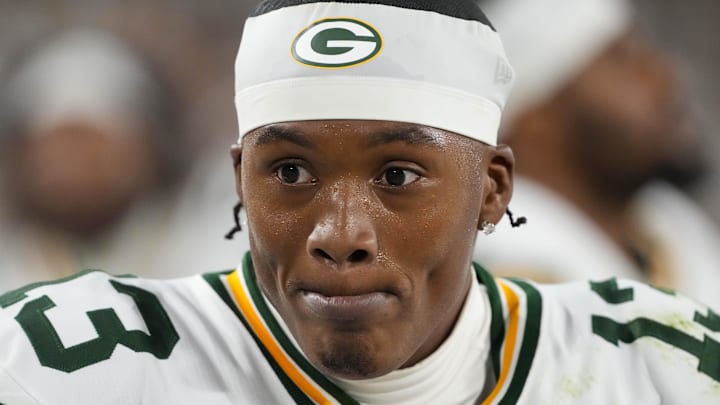 Sep 11, 2025; Green Bay, Wisconsin, USA;  Green Bay Packers wide receiver Dontayvion Wicks (13) during the game against the Washington Commanders at Lambeau Field. Mandatory Credit: Jeff Hanisch-Imagn Images