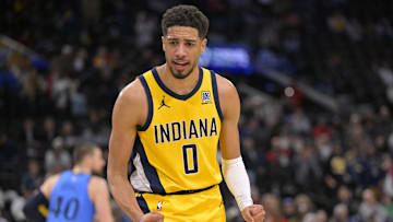 Feb 6, 2025; Inglewood, California, USA;  Indiana Pacers guard Tyrese Haliburton (0) celebrates after a dunk in the second half against the Los Angeles Clippers at Intuit Dome. Mandatory Credit: Jayne Kamin-Oncea-Imagn Images