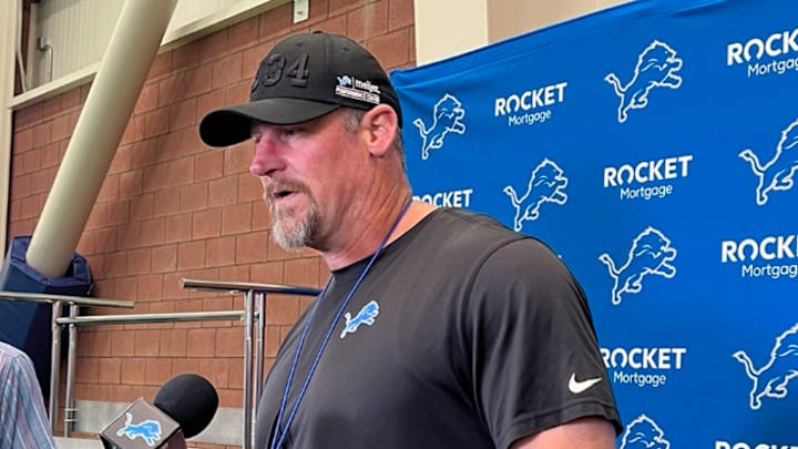 Detroit Lions head coach Dan Campbell speaks to reporters before joint practice in New York Detroit Lions head coach Dan Campbell speaks to reporters before joint practice in New York
