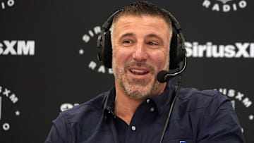 New England Patriots coach Mike Vrabel on the SiriusXM radio set at the NFL Scouting Combine at the Indiana Convention Center.