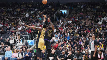 Apr 2, 2024; Toronto, Ontario, CAN; Los Angeles Lakers forward LeBron James (23) shoots the ball at