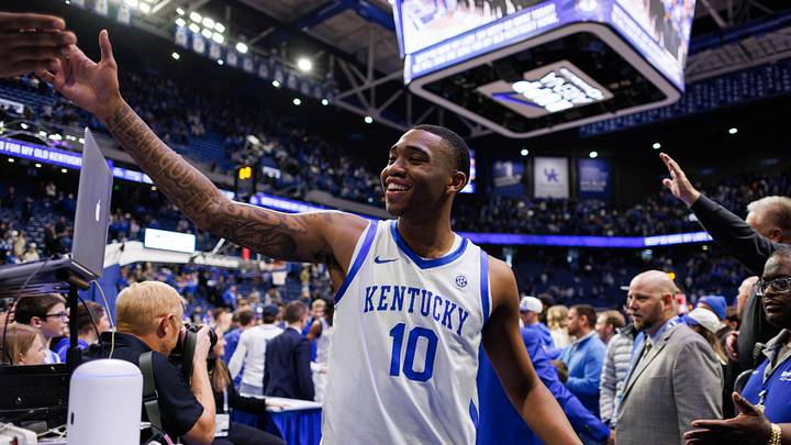 Jan 4, 2025; Lexington, Kentucky, USA; Kentucky Wildcats forward Brandon Garrison (10) high fives fans after the game against the Florida Gators at Rupp Arena at Central Bank Center. Mandatory Credit: Jordan Prather-Imagn Images