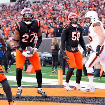 Cincinnati Bengals safety Jordan Battle (27) celebrates after intercepting a pass in the end zone intended for Cleveland Browns tight end David Njoku (85) in the fourth quarter of the NFL Week 16 game between the Cincinnati Bengals and the Cleveland Browns at Paycor Stadium in downtown Cincinnati on Sunday, Dec. 22, 2024. The Bengals won 24-16.