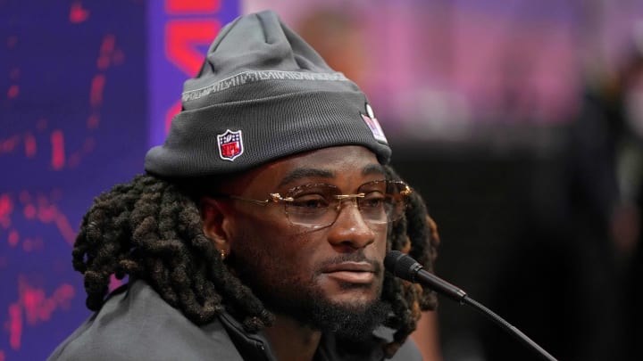 Feb 5, 2024; Las Vegas, NV, USA; San Francisco 49ers wide receiver Brandon Aiyuk (11) talks to the media during Super Bowl LVIII Opening Night at Allegiant Stadium. Mandatory Credit: Lucas Peltier-USA TODAY Sports