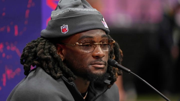 Feb 5, 2024; Las Vegas, NV, USA; San Francisco 49ers wide receiver Brandon Aiyuk (11) talks to the media during Super Bowl LVIII Opening Night at Allegiant Stadium. Mandatory Credit: Lucas Peltier-USA TODAY Sports