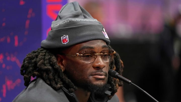 Feb 5, 2024; Las Vegas, NV, USA; San Francisco 49ers wide receiver Brandon Aiyuk (11) talks to the media during Super Bowl LVIII Opening Night at Allegiant Stadium. Mandatory Credit: Lucas Peltier-USA TODAY Sports