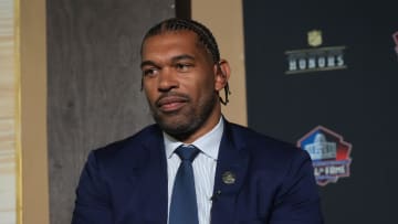 Feb 8, 2024; Las Vegas, NV, USA; Julius Peppers during the NFL Hall of Fame Class of 2024 press conference at Resorts World Theatre. Mandatory Credit: Kirby Lee-USA TODAY Sports