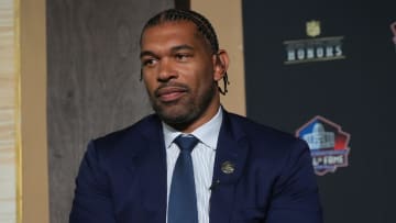 Feb 8, 2024; Las Vegas, NV, USA; Julius Peppers during the NFL Hall of Fame Class of 2024 press conference at Resorts World Theatre. Mandatory Credit: Kirby Lee-USA TODAY Sports