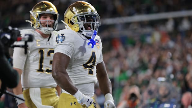 Jeremiyah Love of Notre Dame after a touchdown against Penn State in the Orange Bow