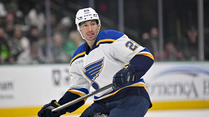 Mar 2, 2025; Dallas, Texas, USA; St. Louis Blues center Jordan Kyrou (25) in action during the game between the Dallas Stars and the St. Louis Blues at the American Airlines Center. Mandatory Credit: Jerome Miron-Imagn Images Mar 2, 2025; Dallas, Texas, USA; St. Louis Blues center Jordan Kyrou (25) in action during the game between the Dallas Stars and the St. Louis Blues at the American Airlines Center. Mandatory Credit: Jerome Miron-Imagn Images