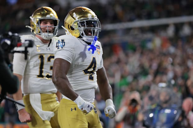 Notre Dame Fighting Irish running back Jeremiyah Love celebrates a touchdown in the second half against Penn State