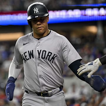 Sep 2, 2024; Arlington, Texas, USA; New York Yankees right fielder Juan Soto (22) in action during the game between the Texas Rangers and the New York Yankees at Globe Life Field.