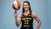 Indiana Fever guard Caitlin Clark poses for a photo Wednesday, April 30, 2025, during the Indiana Fever media day at Gainbridge Fieldhouse in Indianapolis.